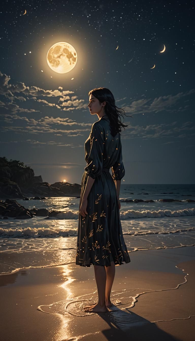 Ethereal Girl on Moonlit Beach in Romantic Style