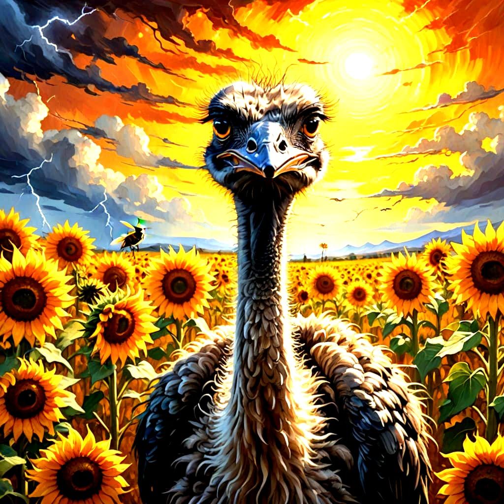 Ostrich in a Field of  Sunflowers