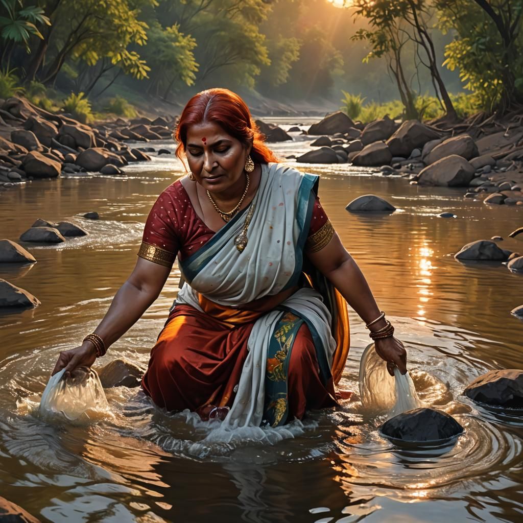 Redhead Indian Ladies Bathing at Sunset: Hyperrealistic