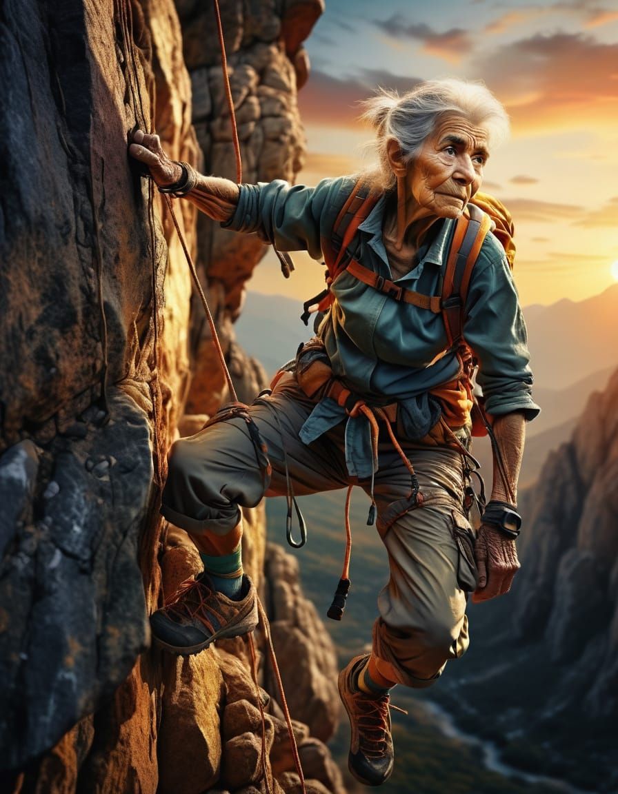 Old Woman Climbs Mountain at Sunset: Digital Art