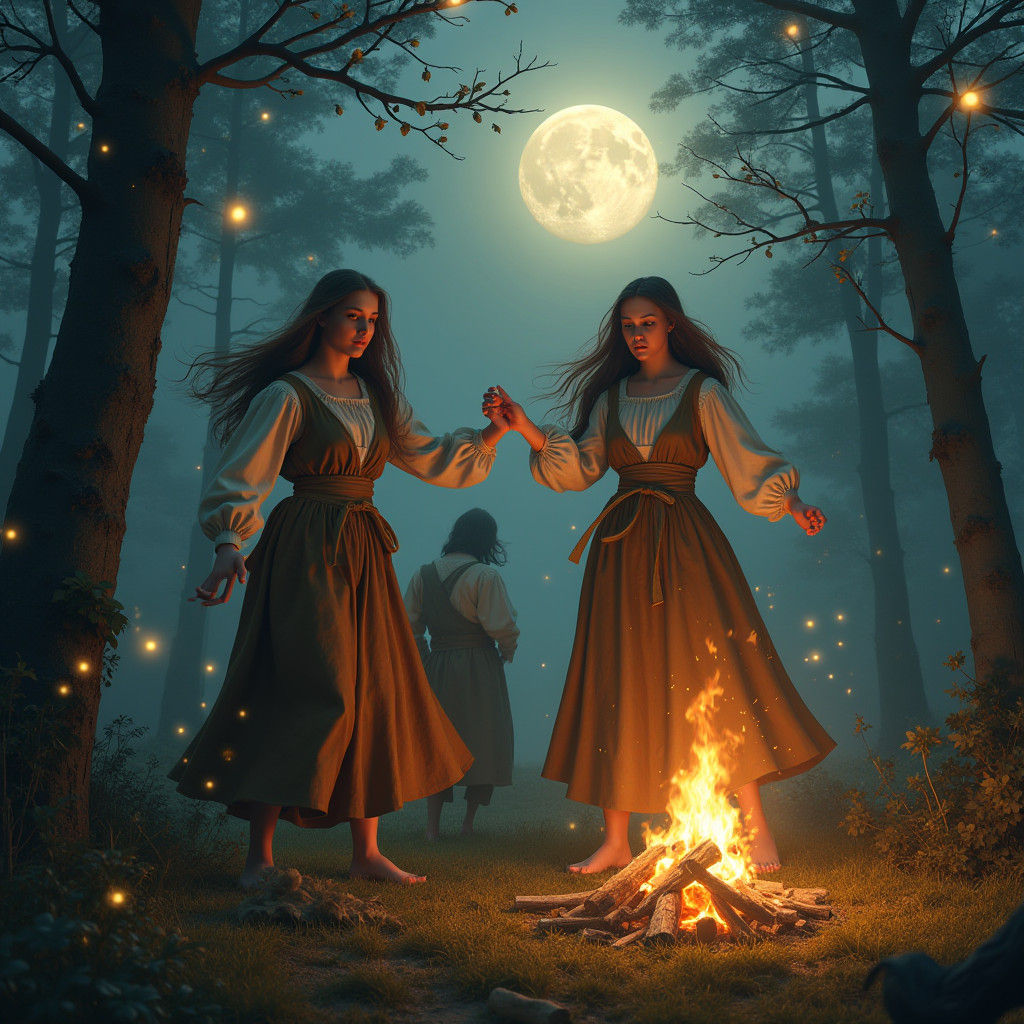 Medieval Women Dancing by Campfire in Fantasy Forest