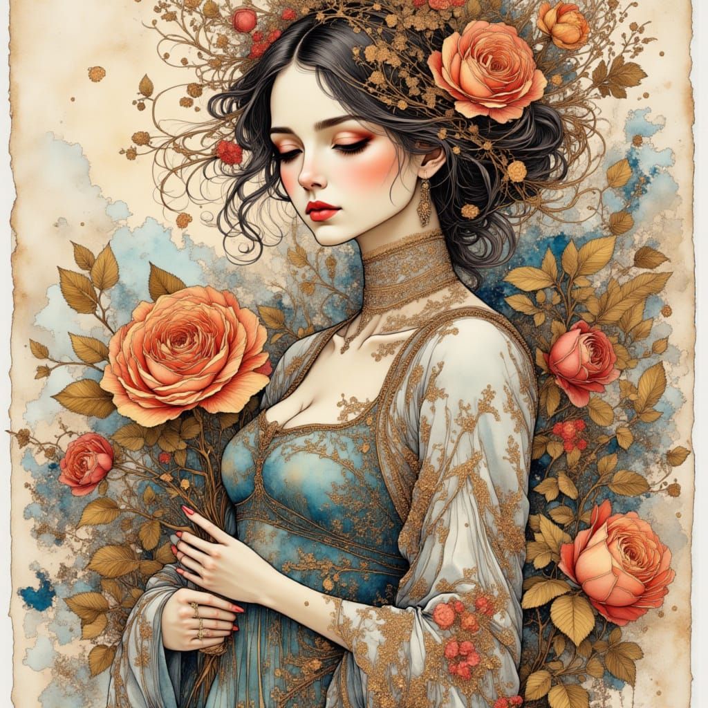 Belle with Rose: Pen and Ink Masterpiece