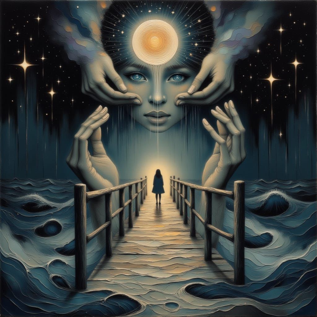 Hopeful Bridge Over Dark Waters in Ethereal Style