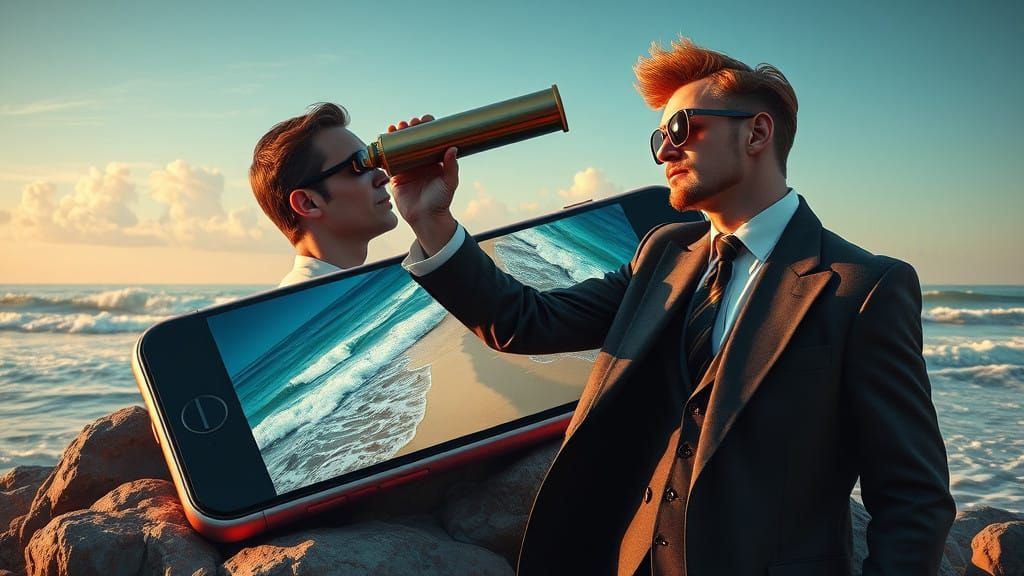 Gentleman Telescopes Futuristic iPhone in Dreamlike Landscap...