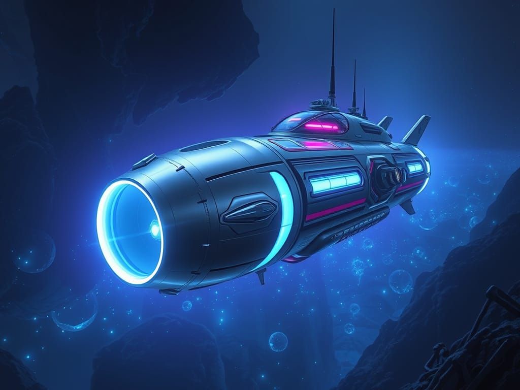Sleek Metallic Submersible Descends into Alien Depths