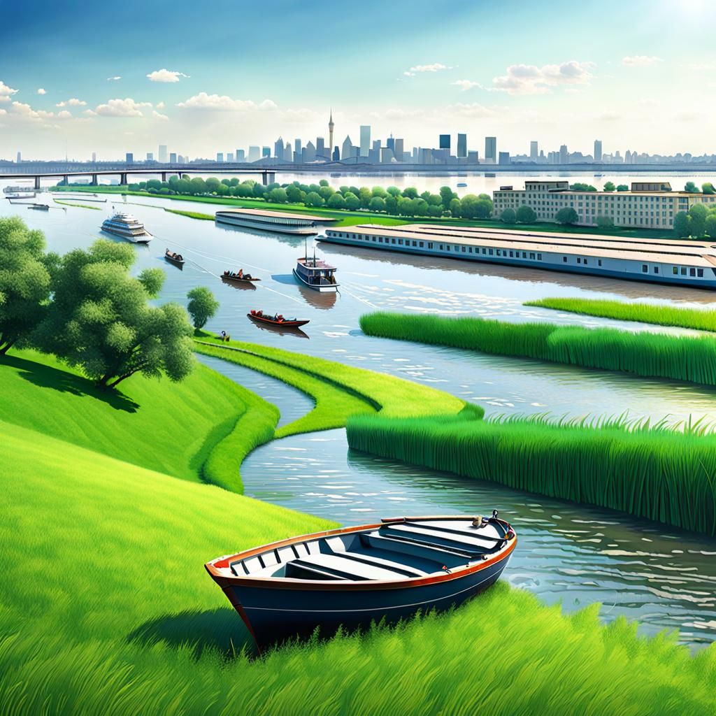Riverside View with Boat and Distant City