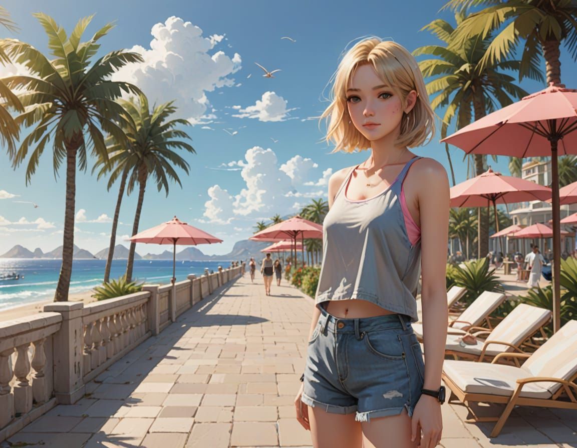 Serene Seaside Beauty in 3D Anime Style