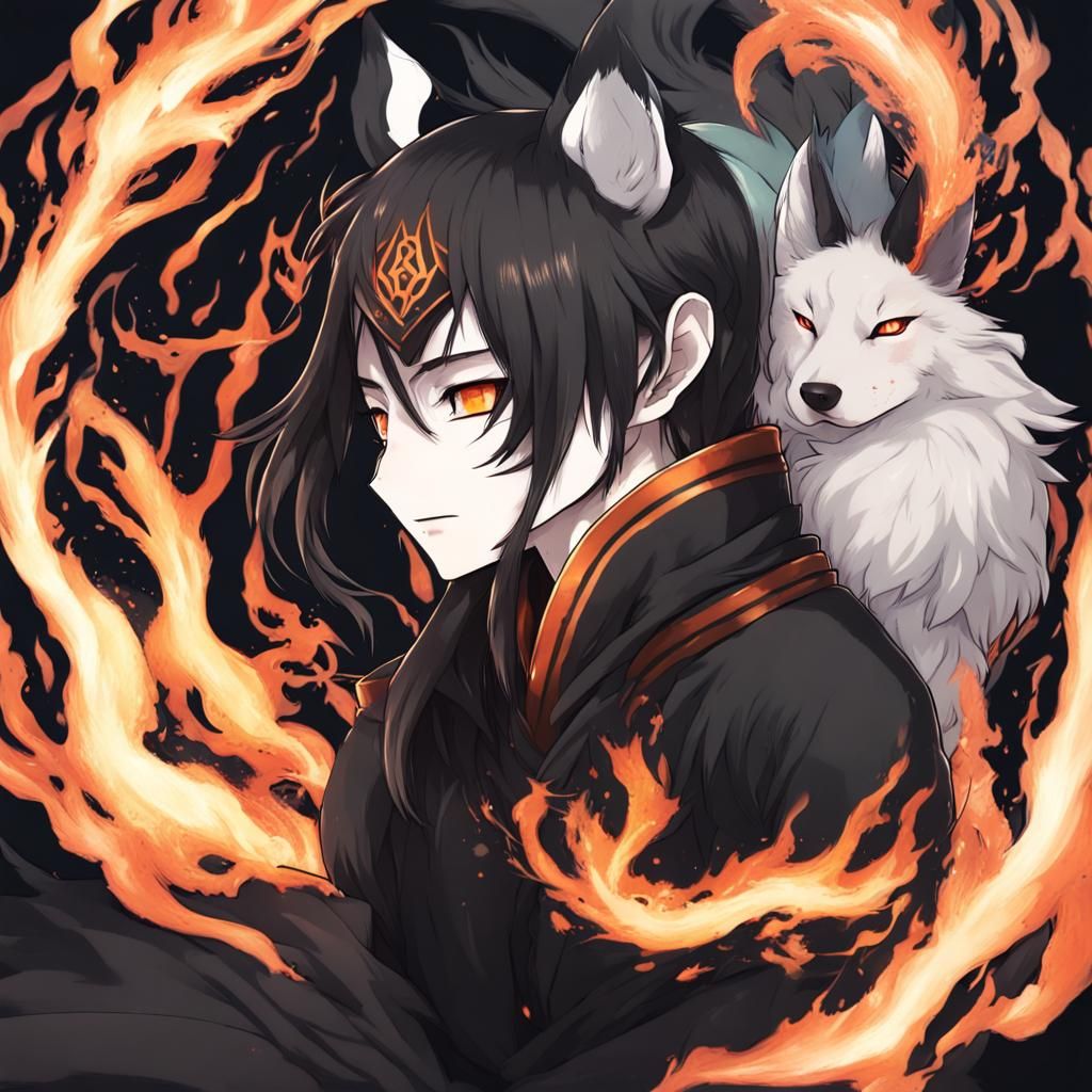 Kitsune and Human Hybrid breathing out black fire runes on head and chest