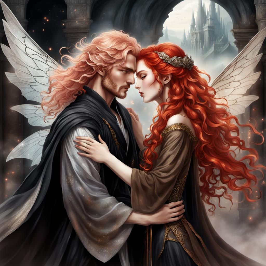 Wizard and Fairy Embrace in Fantasy Realm