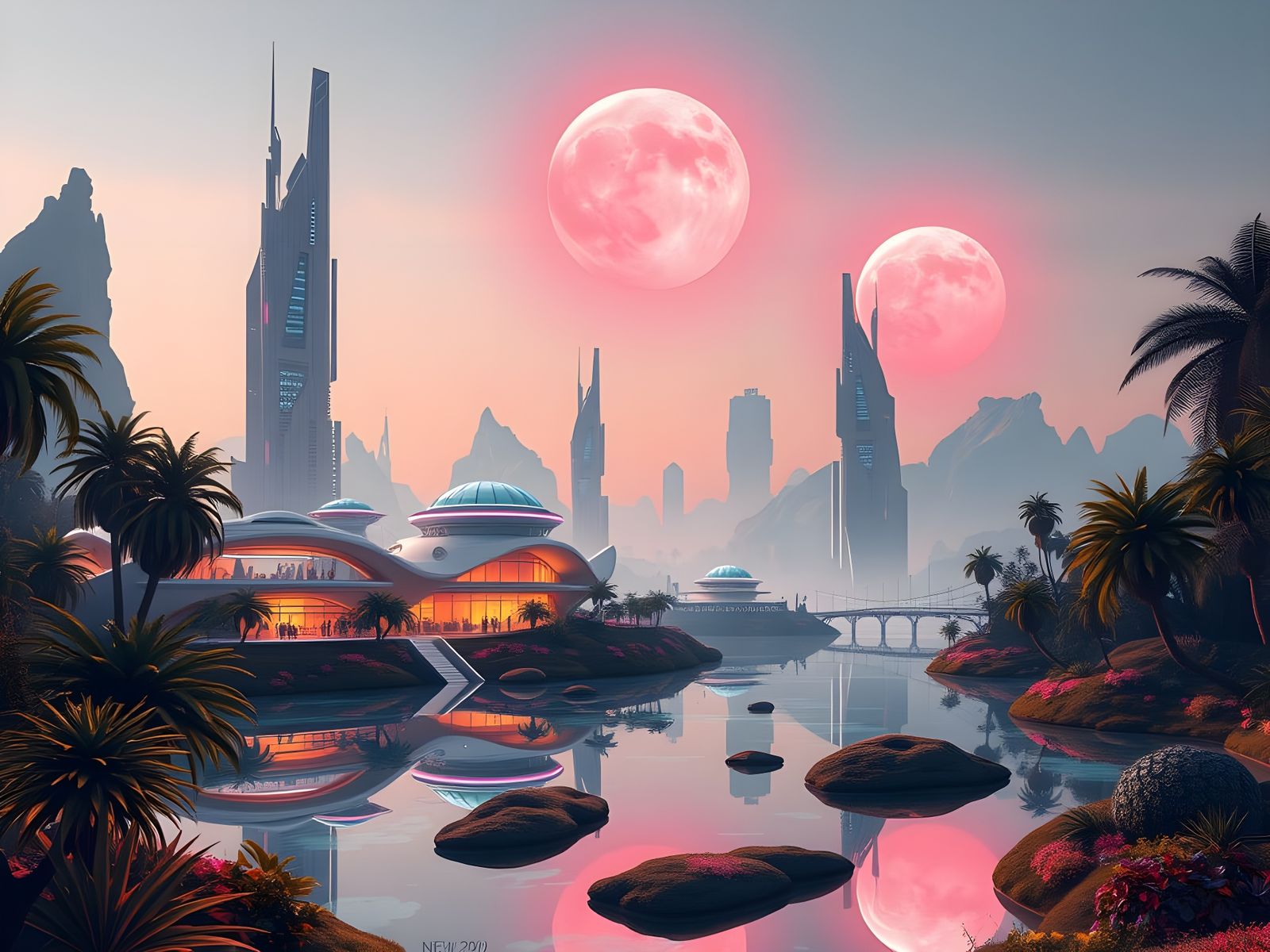 Utopian Alien City Under Pink Moons