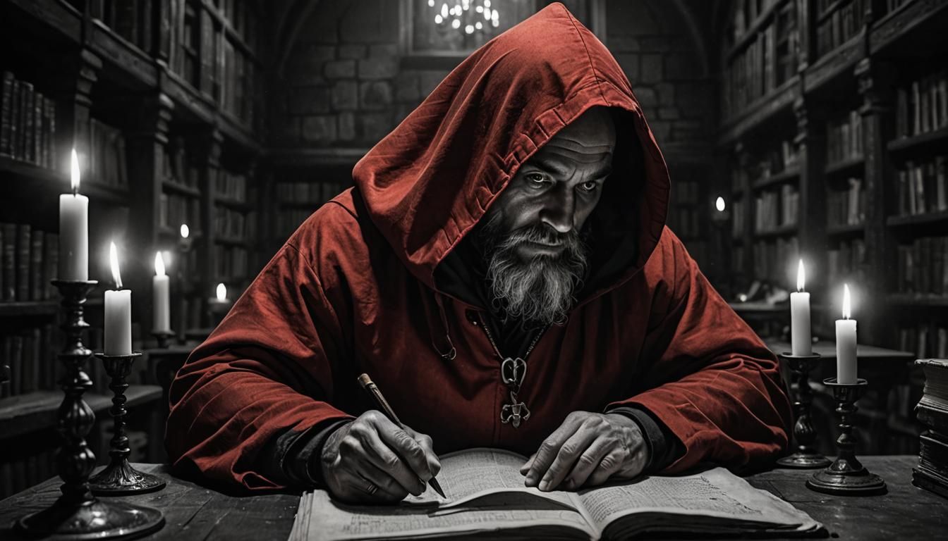 Monk Reading Scroll in Dark Library, Pencil Drawing
