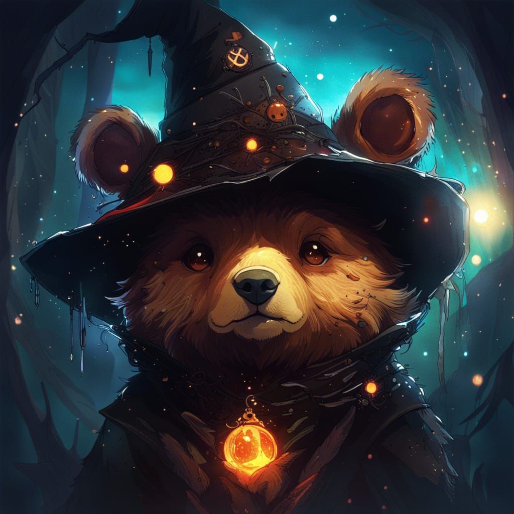 Anime Bear Cub Witch with Celestial Background