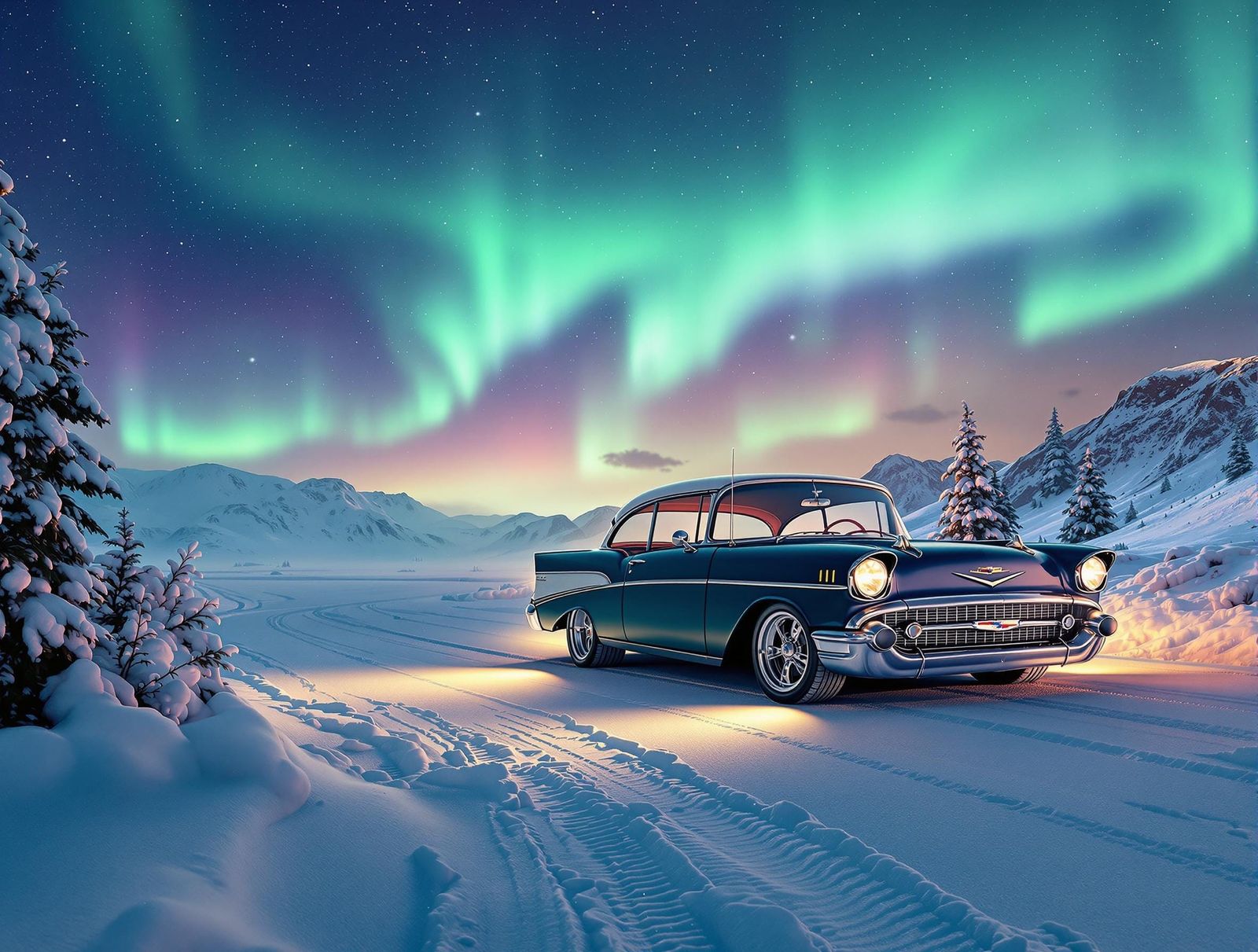 1957 Chevy Under Northern Lights: Photorealistic Art
