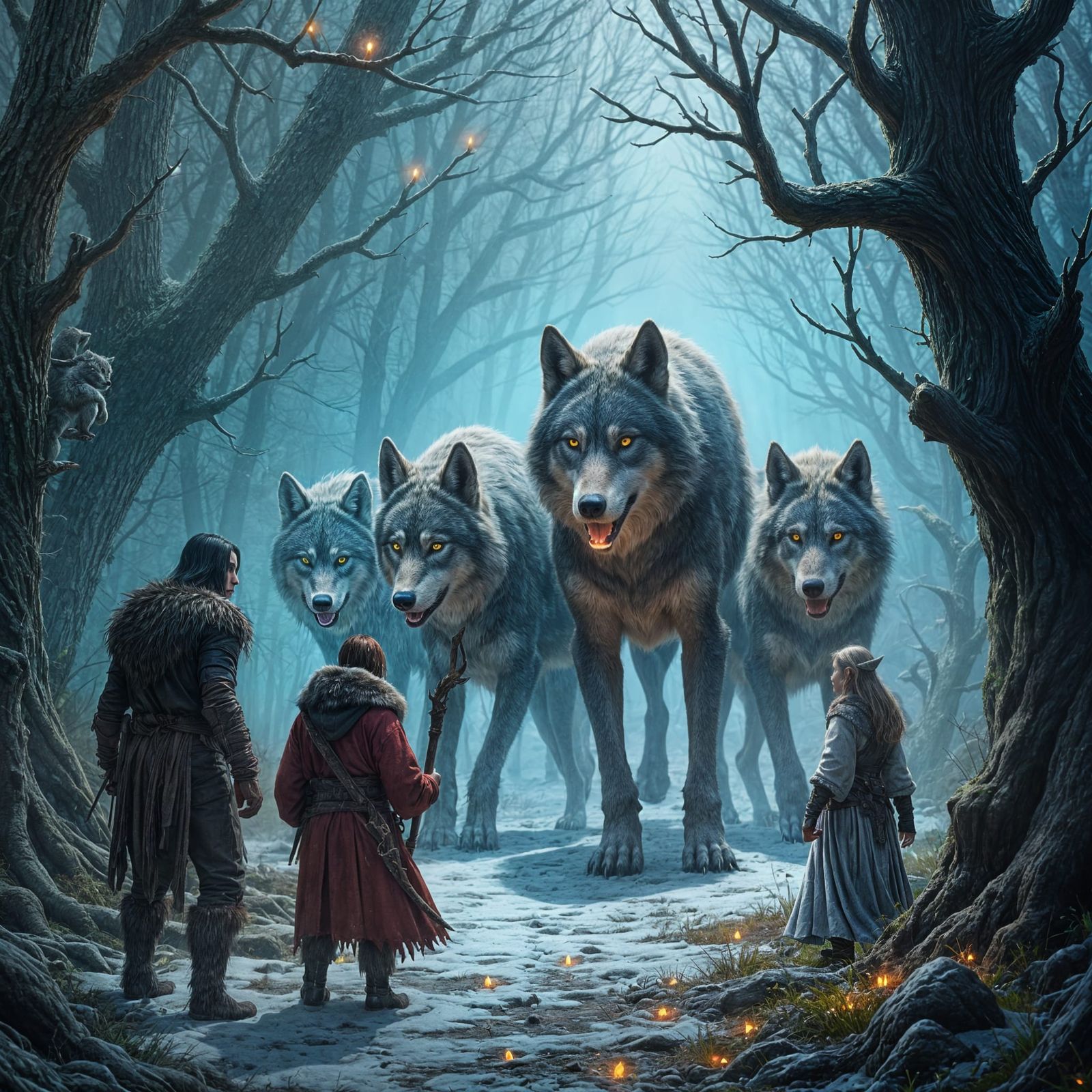 Dire Wolves Emerge from Forest in Detailed Matte Painting