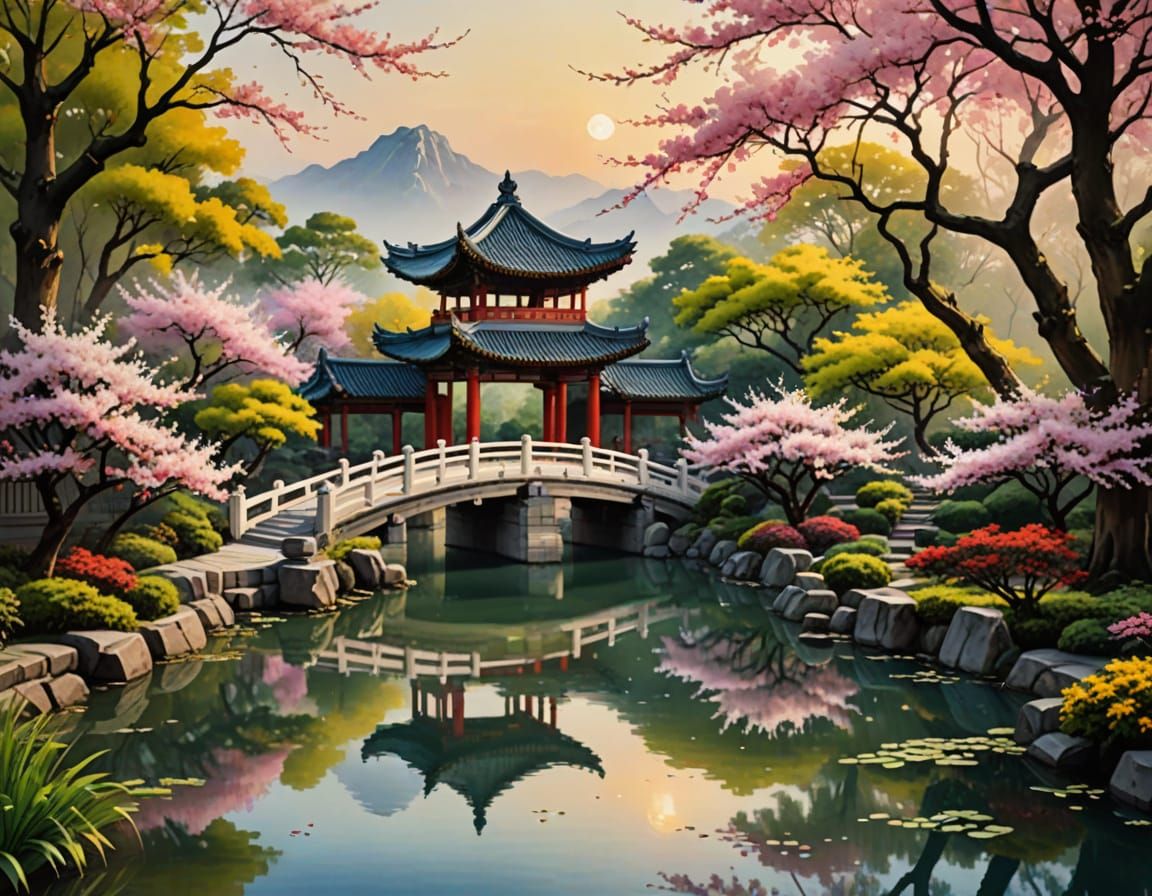 Traditional Chinese Moon Bridge in Serene Watercolor