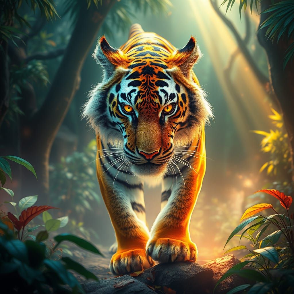 Mythical Tiger in Luminous Jungle Landscape