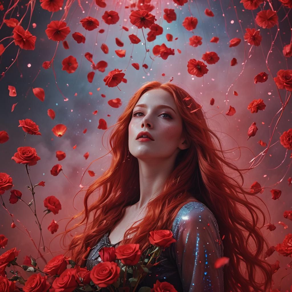Surreal Woman Surrounded by Red Flowers and Objects