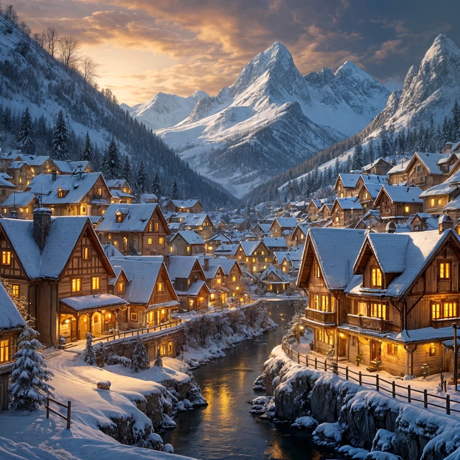 O priveliște feerica a unui orășel de munte în perioada de Crăciun