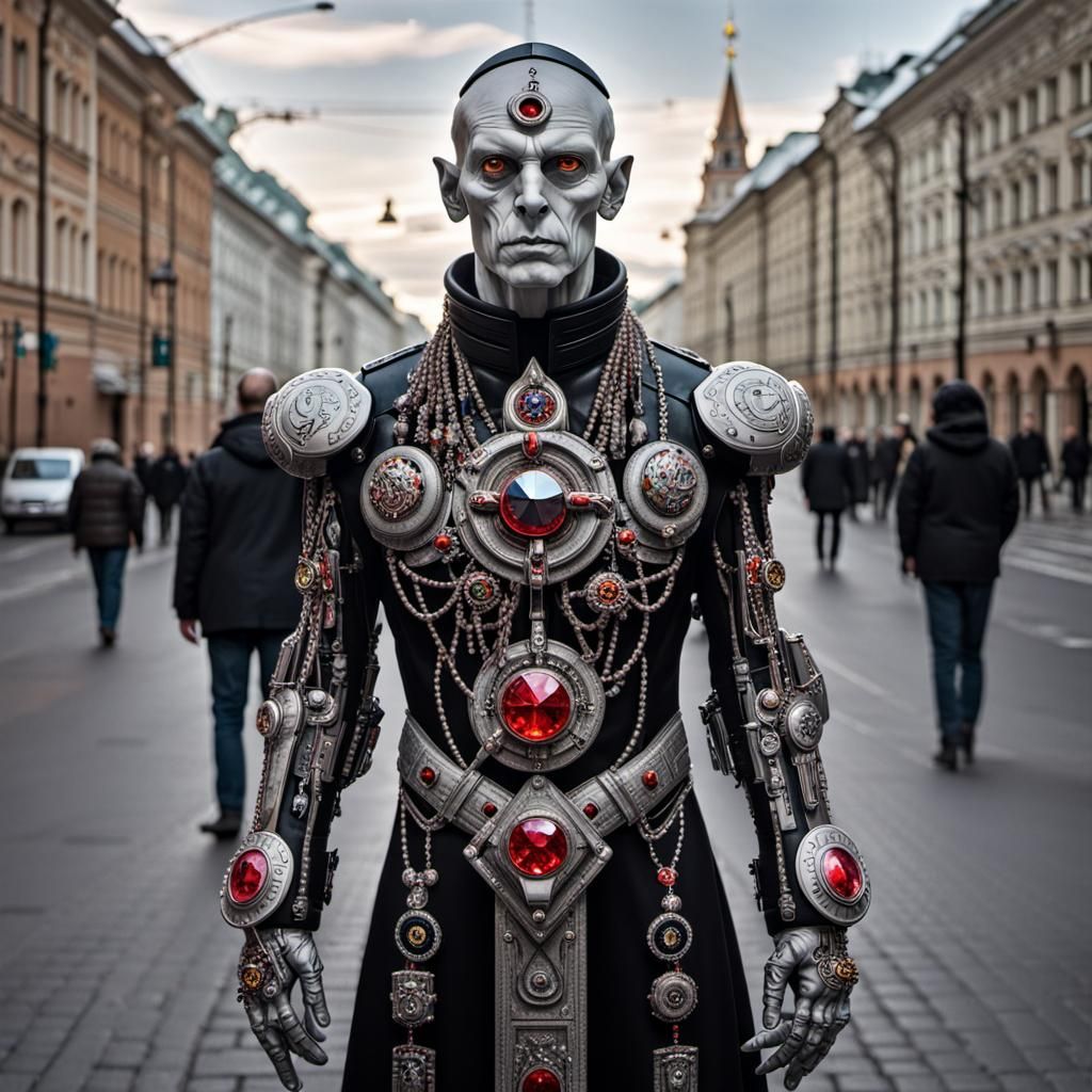 Satanic Cyborg Priest in Moscow, Ultrarealistic Style