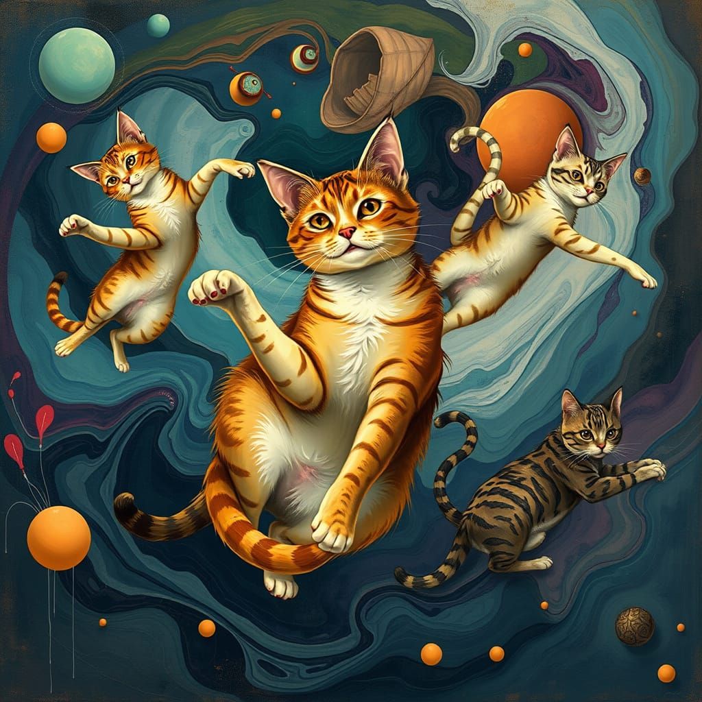 Whimsical Feline Dance in Vibrant Abstraction