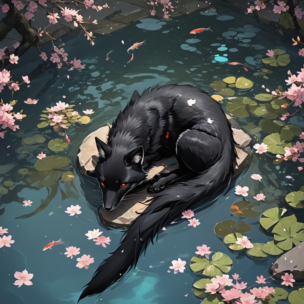 Black Fox resting next to a pool filled with black koi. Cherry blossoms