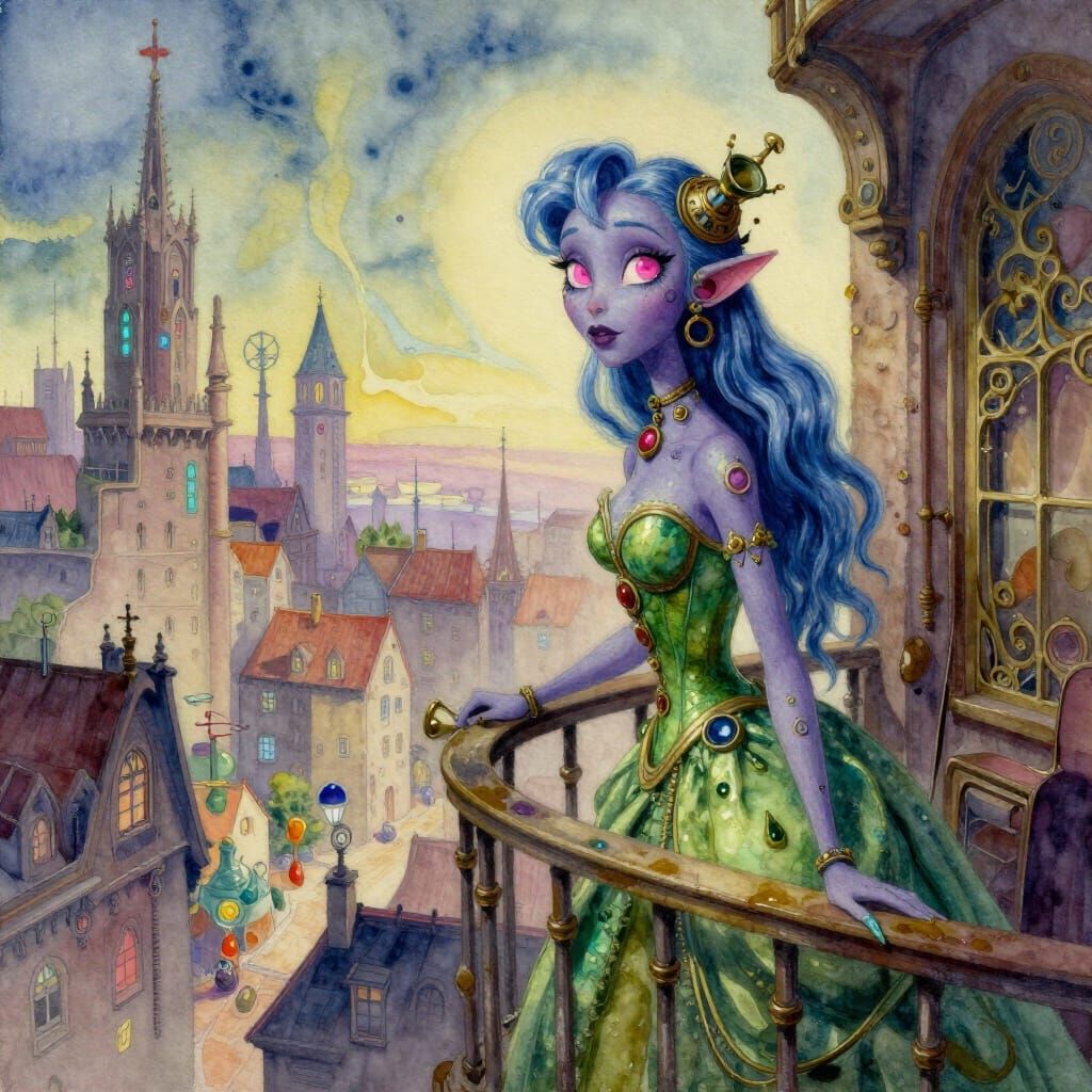 Steampunk Princess on Balcony as Watercolor Painting