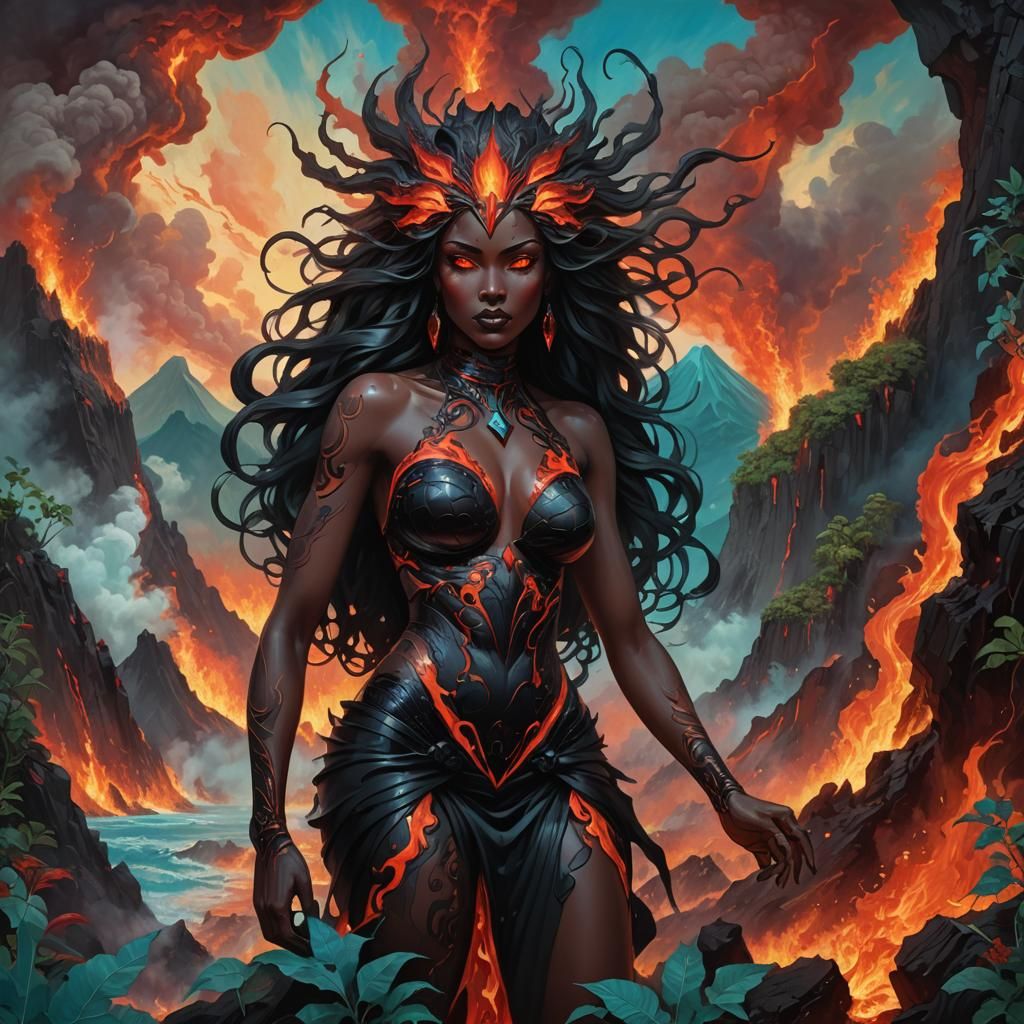 Obsidian Goddess Emerges from Volcano in Art Deco Style