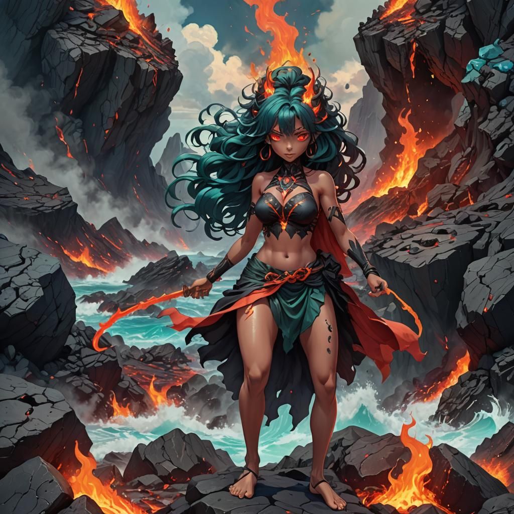 Lava Goddess on Island Volcano in Anime Style