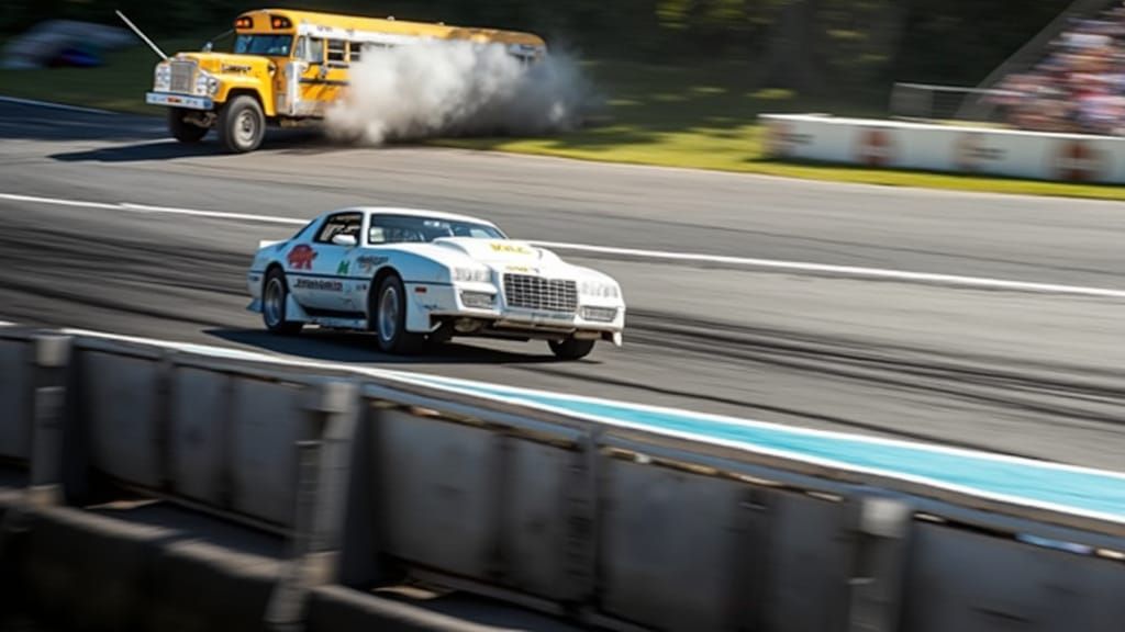 Rugged School Bus Speeds Around Sun-Drenched Racetrack in Ci...
