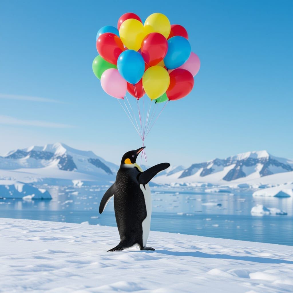 Penguin's Balloon Flight Over Antarctica: A Fantasy Scene