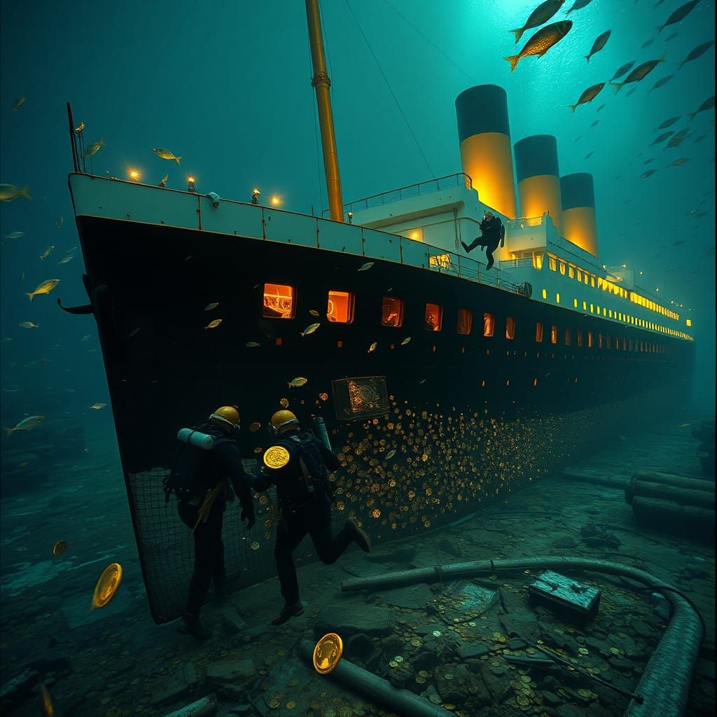 Sunken Titanic, Swirling with Bioluminescent Life, as Divers...