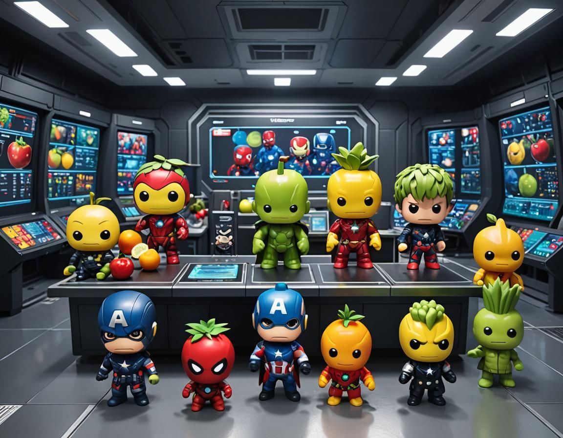 five chibi fruits with fruit heads and the avengers suit inside a modern control room
