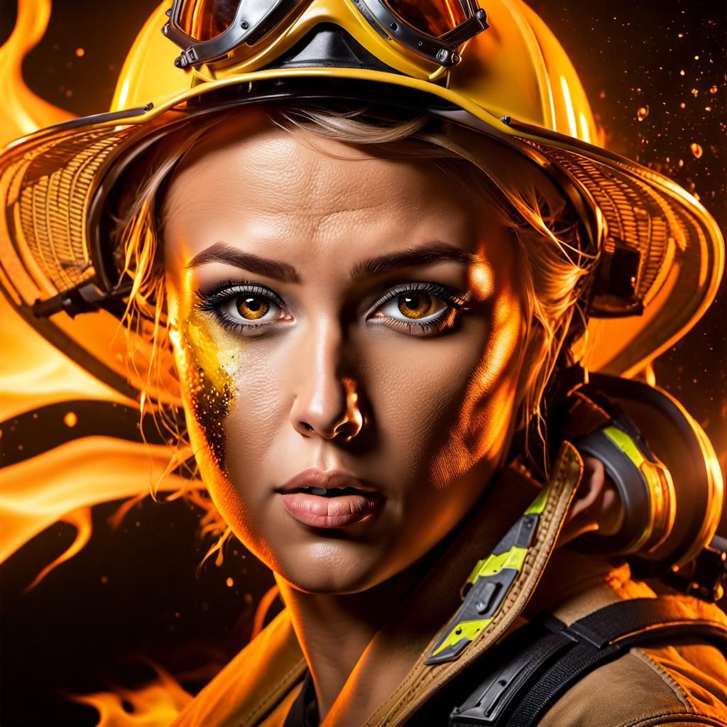 Amber-Skinned Firefighter Emerges from Flames: Hyperrealisti...