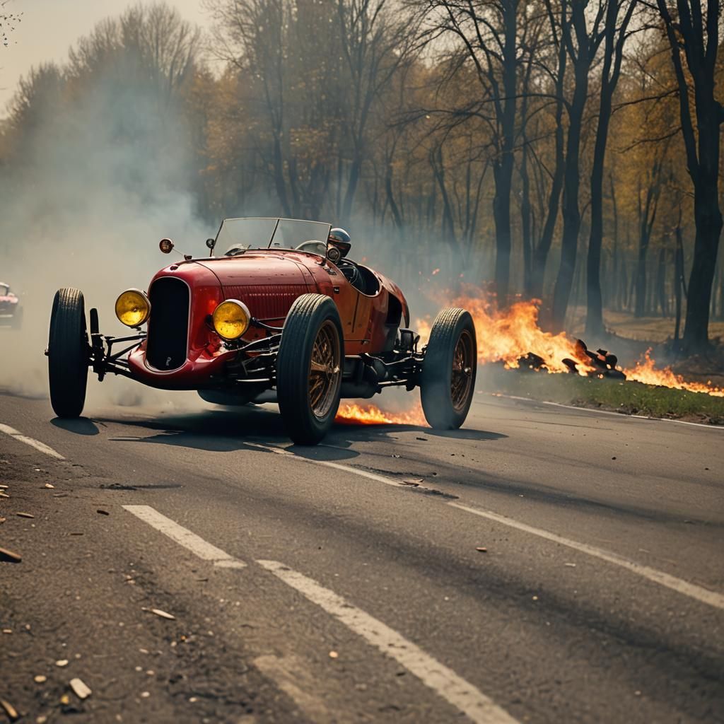 Vintage Ferrari Overtaking Wreck in Cinematic Style