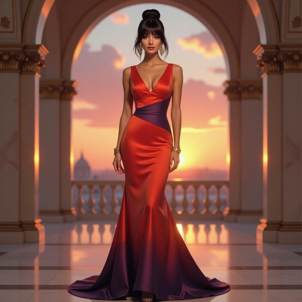 Woman in Sunset Dress: Hyperrealistic Digital Art