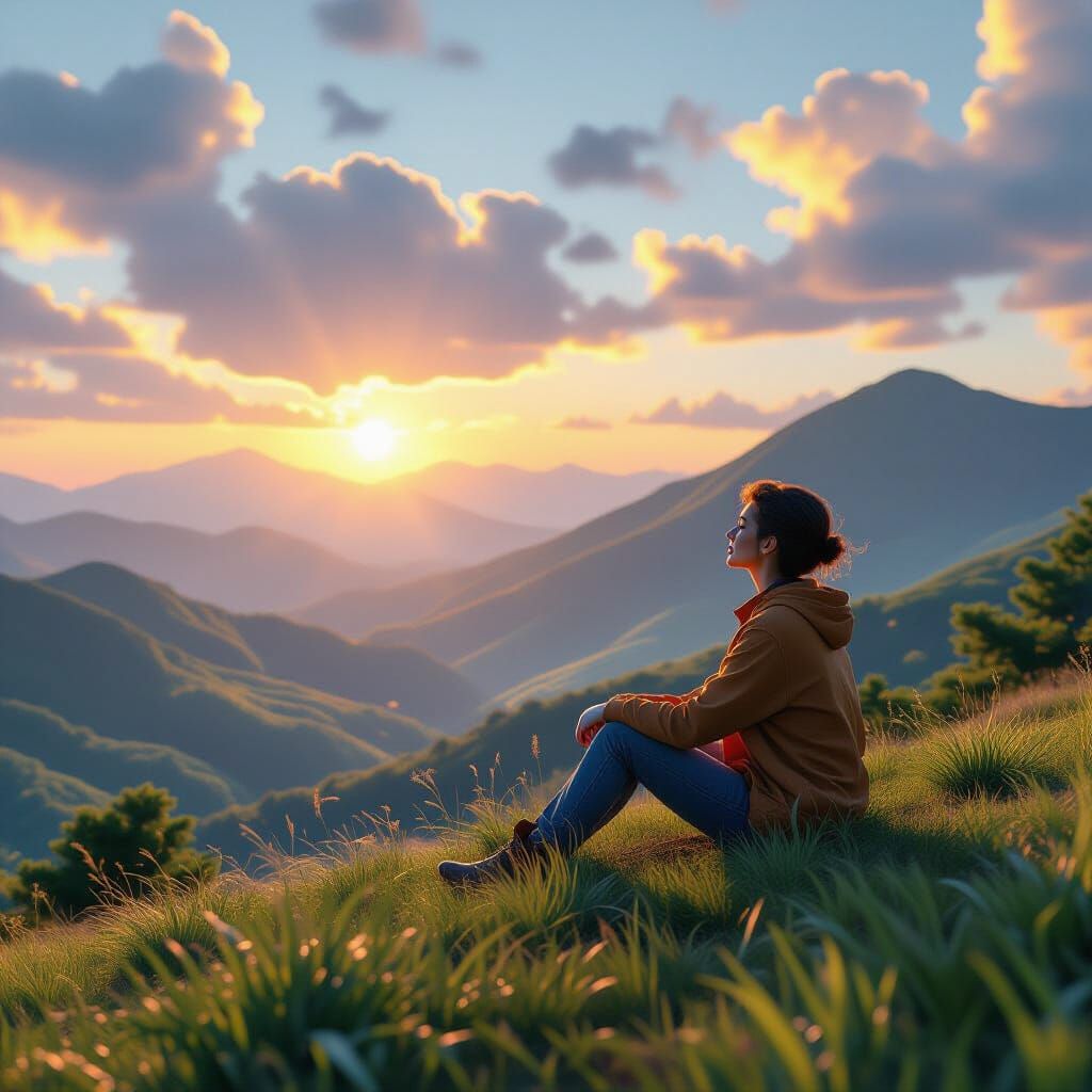 Contemplative Figure on Hill in Lush Landscape