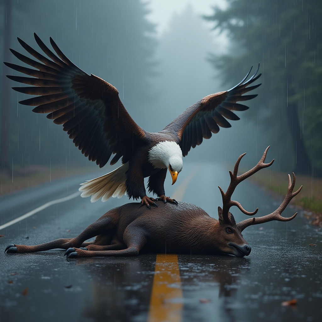 Eagle Eats Deer in Rainy Roadside Painting