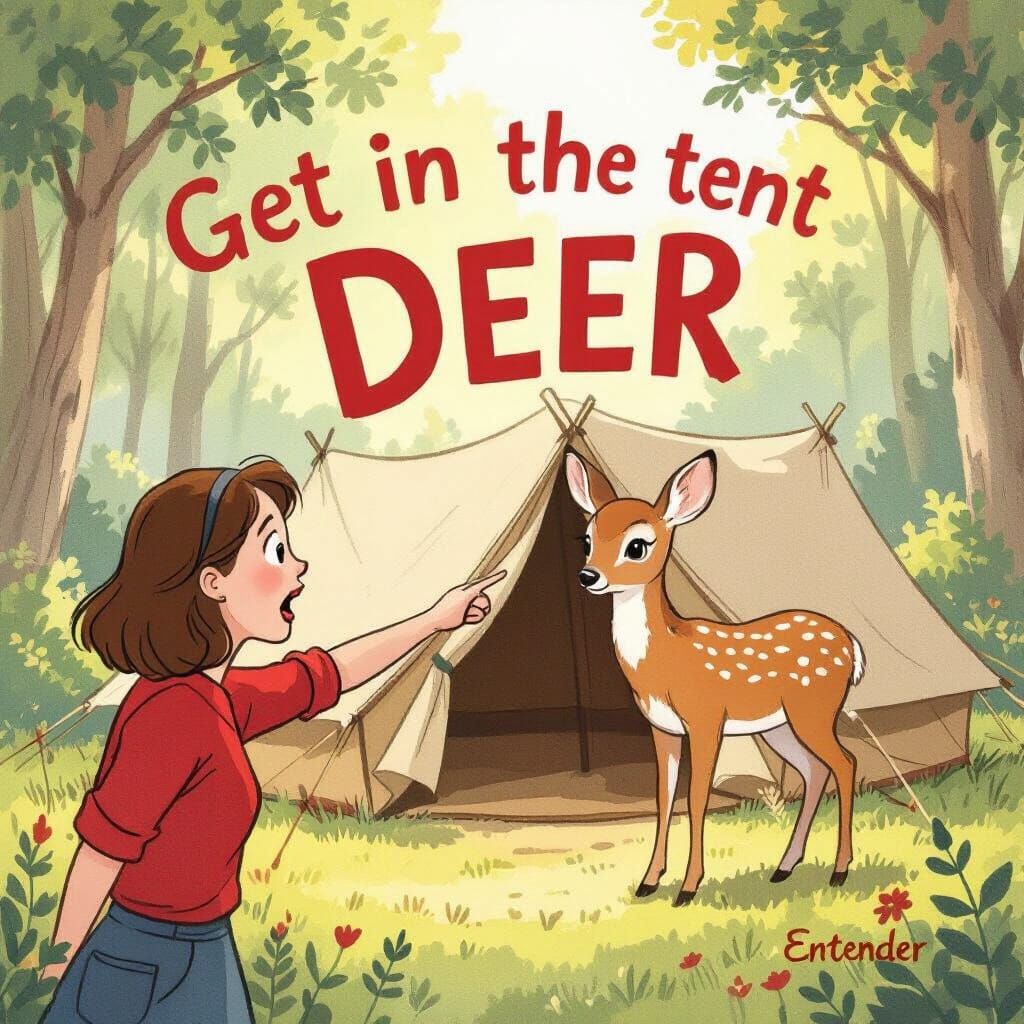 Woman Invites Deer Into Tent in Whimsical Storybook Style