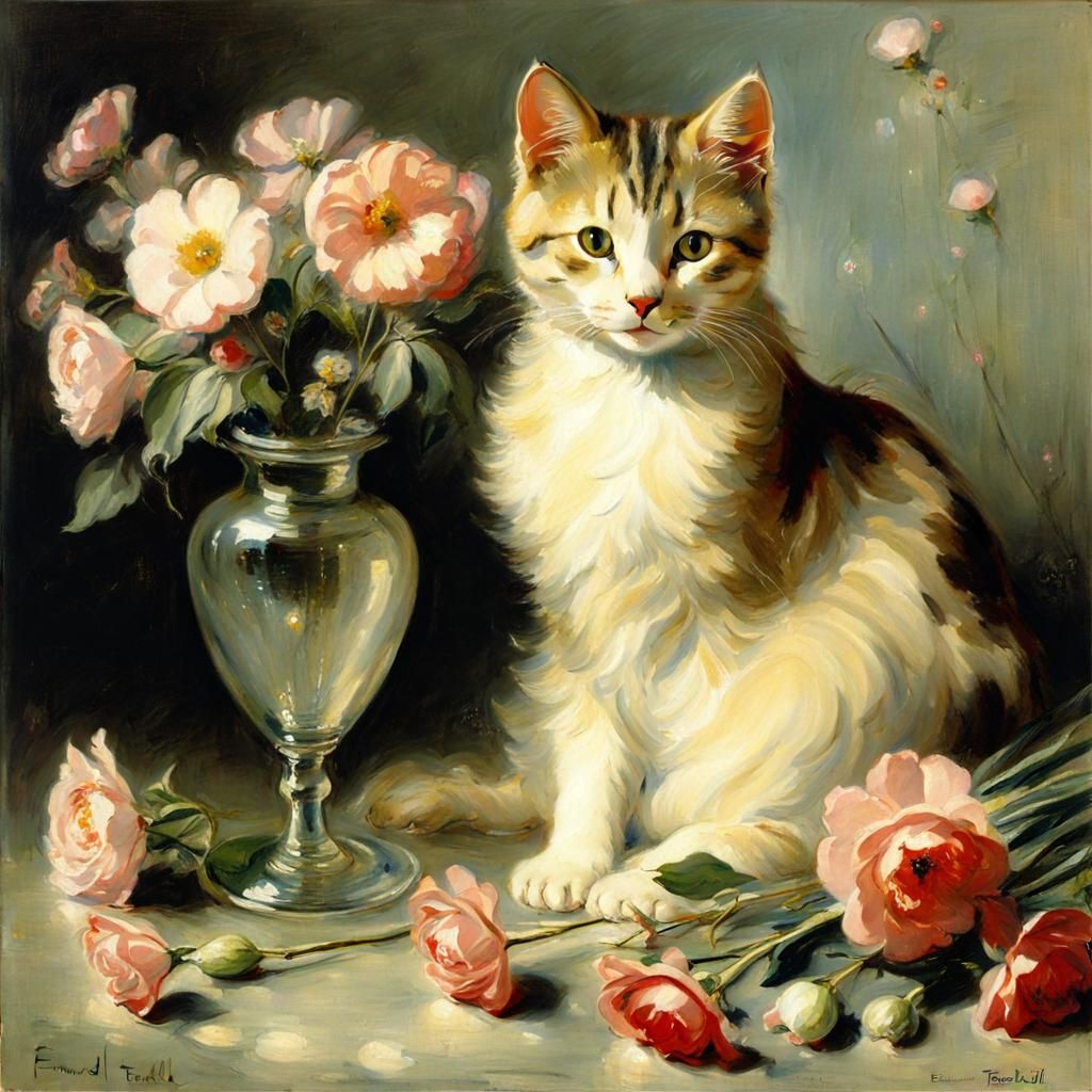 Cute Cat with Flowers, in Impressionist Style