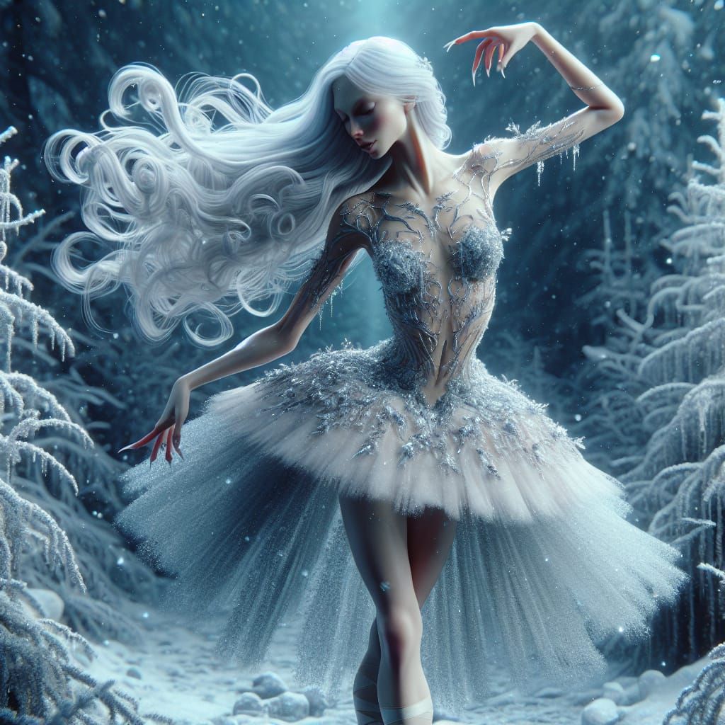 Snowflake Dancer in Winter Forest: Digital Matte Painting