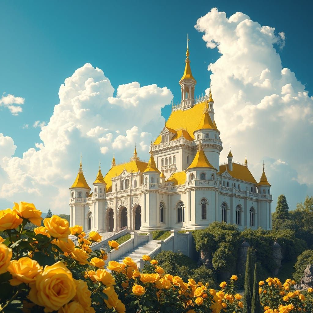 Fantastical Off-White Castle with Yellow Roof and Vibrant Ro...