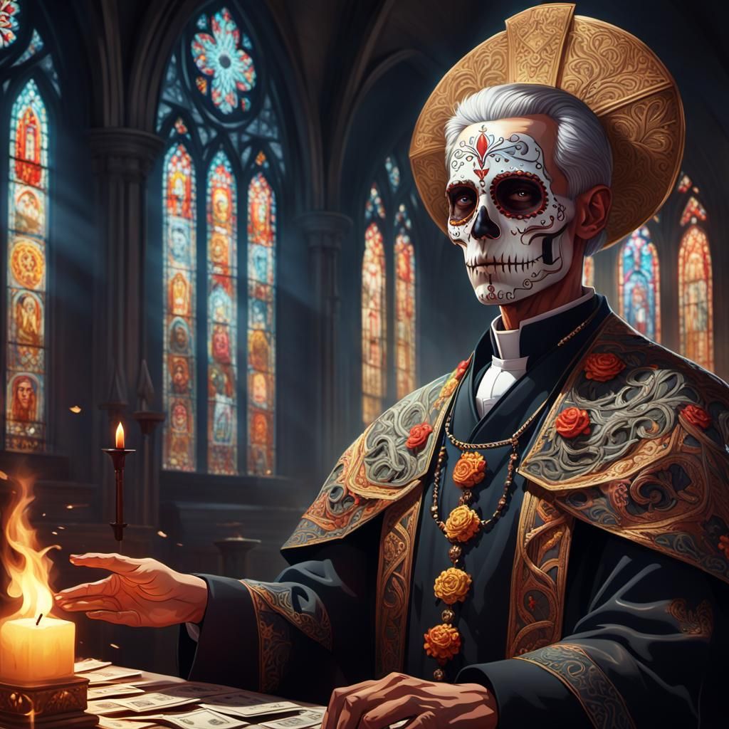 Day of the Dead Priest in Fire Lit Church