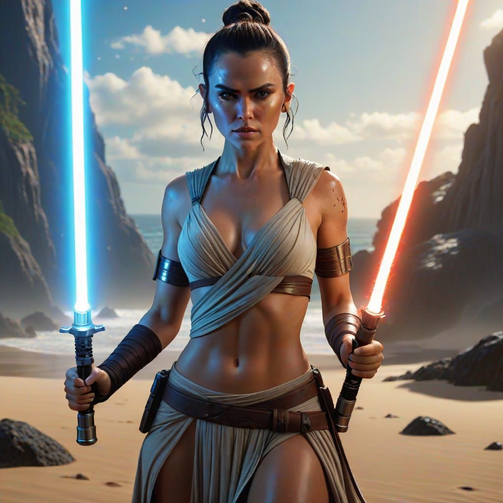 Jedi Knight Rey with Lightsabers in Detailed Matte Painting