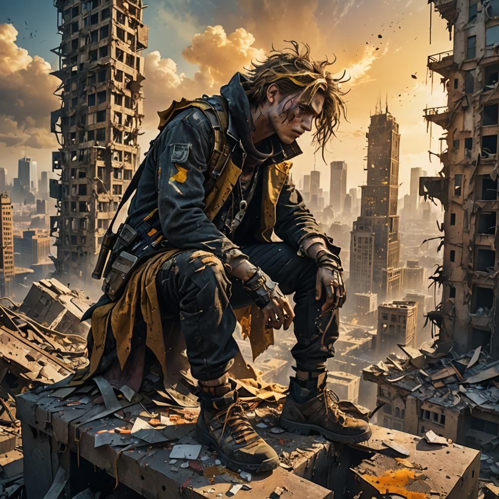 Apocalyptic Cityscape: Disintegrating Figure in Ruins