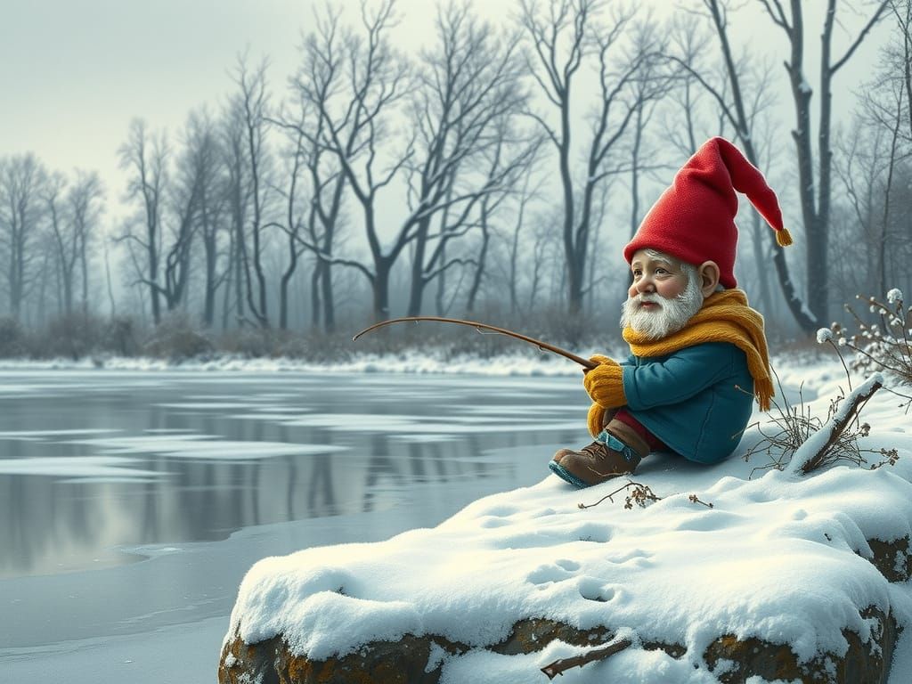 Winter Garden Gnome Fishing, Impressionistic Style