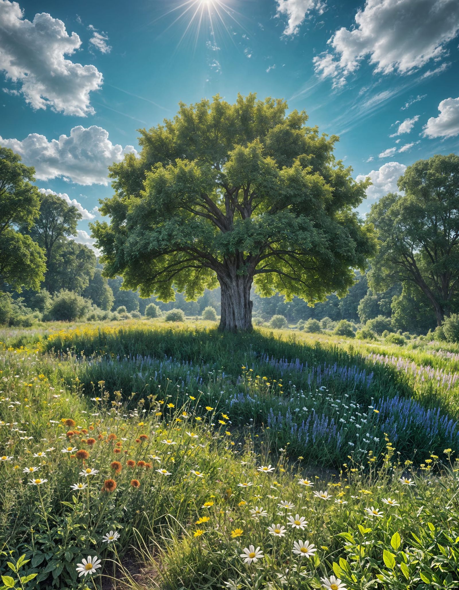 Surreal Summer Scene with a Tree Shaped Like a Human Brain