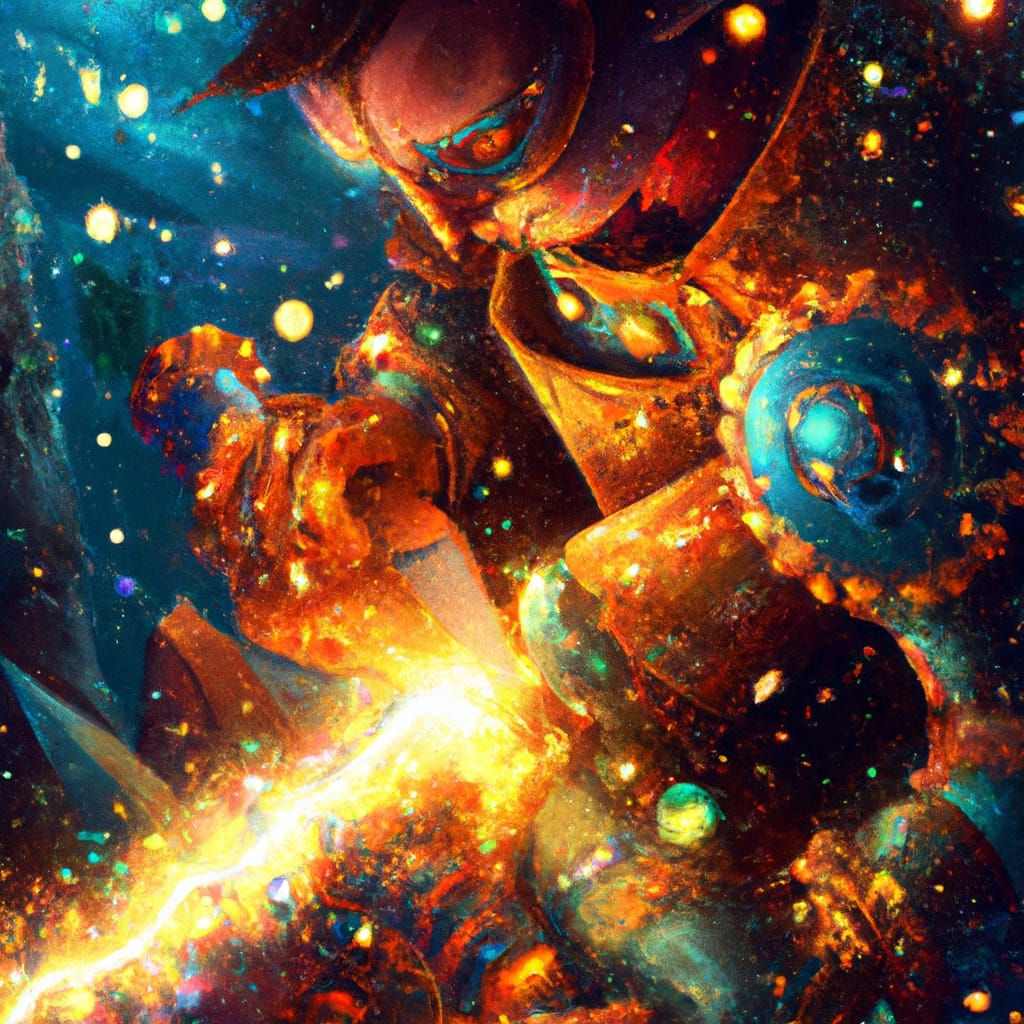 Steampunk Blacksmith Forging Mythical Sword in Expressionist...