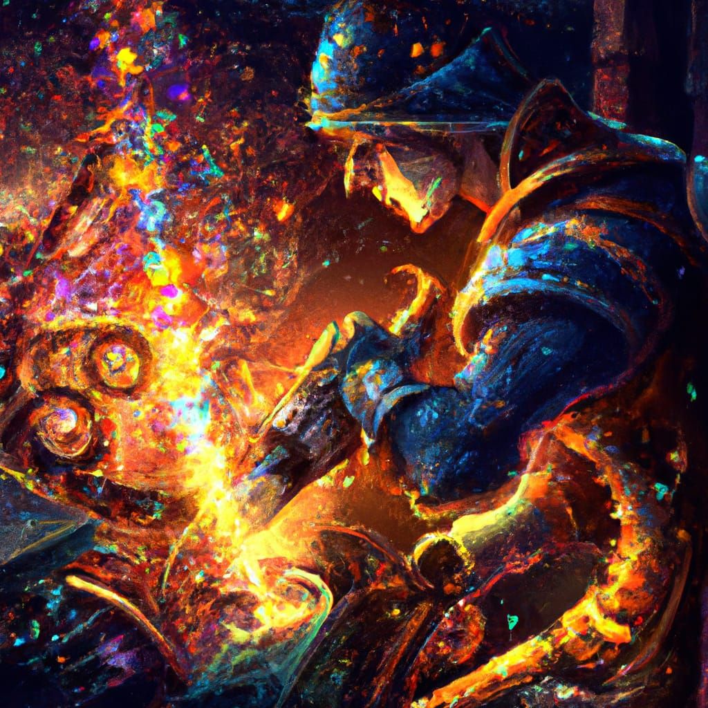 Steampunk Blacksmith Sharpens Mythical Sword in Expressionis...