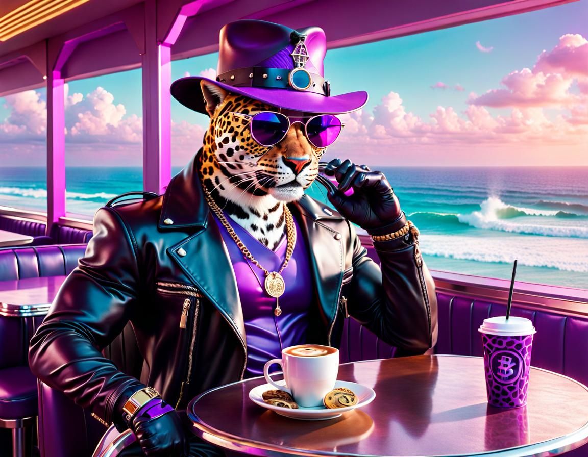 Leopard in 80's Diner with Beach View, Vaporwave