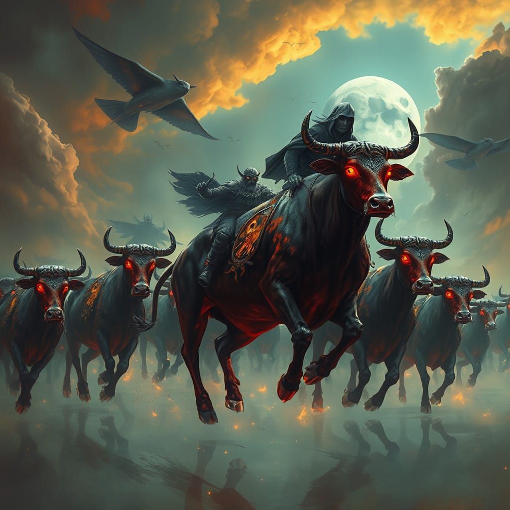 Surreal Steampunk Landscape with Ghost Riders and Red-Eyed C...